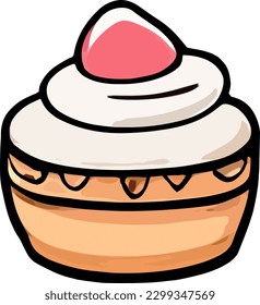 Colored vector art kids drawing of a cute simple sweet vanilla milk cream cup cake icon with a red berry on top - fun creative desert illustration sticker collection.