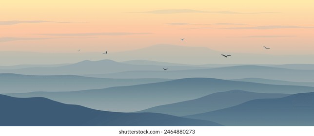 Colored vector background with a landscape of mountains in the fog, birds and clouds at sunset