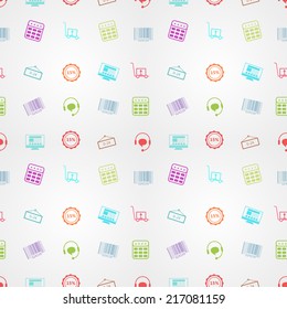 Colored vector background for online sales. Seamless vector pattern with colored signs for online sales on gray background.