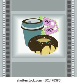 colored vector background picture film. Image fast food coffee donut, movie ticket. Food for a movie viewer. entertainment and food