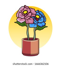 Colored Vector of Camellia Flower.  Potted Camellia Flower with Blue and Pink Color