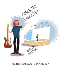 Colored vector character illustration. Musician-guitarist. Musician on stage.
Isolated flat vector design for animation, postcards, prints, stickers or books.