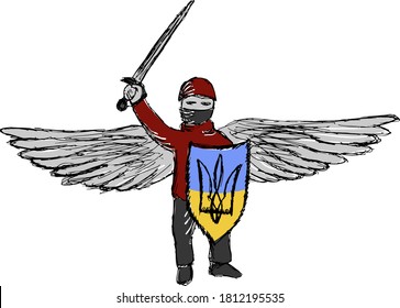 Carácter vectorial de color de un ángel guardián moderno de Ucrania. Dibujo de lino grueso de guerrero alado con espada y escudo con bandera y tridente ucranianos