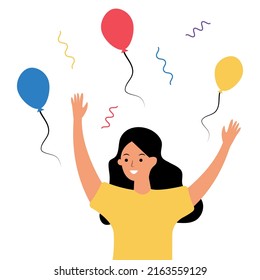 Caracteres vectoriales coloreados. Feliz cumpleaños, felicitaciones. Vacaciones, globos. Ilustración plana brillante.