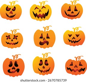 Colored Vector Collection of Halloween Pumpkin Faces