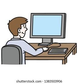 colored vector drawing of a graphic artist at the desk looking into your pc's screen.