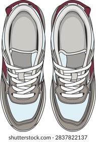 Colored vector drawing of a pair of modern running or lifestyle sneakers, top view look. Sports footwear illustration in grey and white colors with burgundy details, made in flat style and isolated on a pure white background.