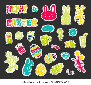 Colored vector Easter stickers, stickers. The attributes of the feast of Easter: eggs, flowers, rabbits, treats, sweets