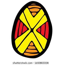 Colored vector egg for Easter. Easter egg with a pattern resembling a mill and the letter "X". Element for decoration of a religious holiday.  