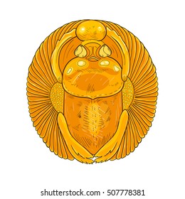 Colored vector Egyptian stylized scarab illustration. Golden statuette archaeological excavations. African totem scarab beetle with wings, spirituality symbol of Sun.