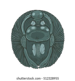 Colored vector Egyptian stylized scarab illustration. Stone statuette archaeological excavations. African totem scarab beetle with wings, spirituality symbol of Sun.