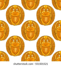 Colored vector Egyptian stylized scarab seamless pattern. Gold statuette archaeological excavations. African totem scarab beetle with wings, spirituality symbol of Sun.