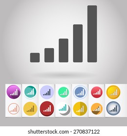 Colored vector flat antenna signal level circle icon and buttons set. Design elements on paper styled background