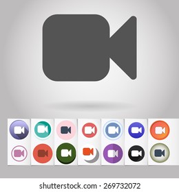 Colored vector flat camera circle icon and buttons set. Design elements on paper styled background