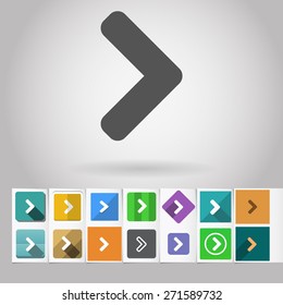 Colored vector flat "greater than" square icon and buttons set. Design elements on paper styled background