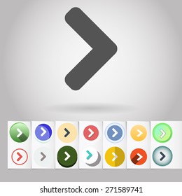 Colored vector flat "greater than" circle icon and buttons set. Design elements on paper styled background