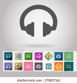 Colored vector flat headphones square icon and buttons set. Design elements on paper styled background