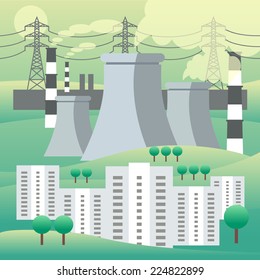 Colored vector flat icon and illustration urban  landscapes: nature, lake, vacation, sun, trees, house, field, city, factory, pollution, cars, skyscrapers.