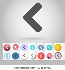 Colored vector flat "less than" circle sign or cursor icon and buttons set. Design elements on paper styled background