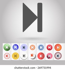 Colored vector flat Next player circle icon and buttons set. Design elements on paper styled background
