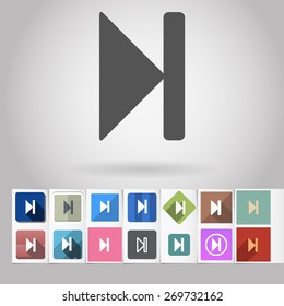 Colored vector flat "Next" player square icon and buttons set. Design elements on paper styled background