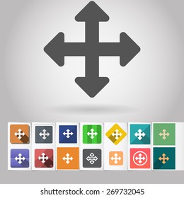 Colored vector flat omnirange move or scale cursor square icon and buttons set. Design elements on paper styled background