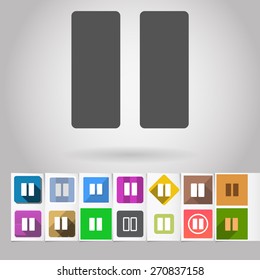 Colored vector flat Pause square icon and buttons set. Design elements on paper styled background