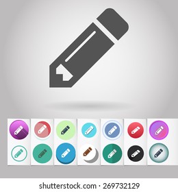 Colored vector flat pencil circle icon and buttons set. Design elements on paper styled background