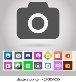Colored vector flat photo camera square icon and buttons set. Design elements on paper styled background