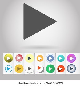 Colored vector flat "play" player circle icon and buttons set. Design elements on paper styled background