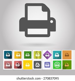 Colored vector flat printer fax square icon and buttons set. Design elements on paper styled background