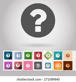 Colored vector flat question mark square icon and buttons set. Design elements on paper styled background