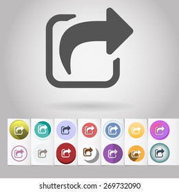 Colored vector flat return arrow in circle icon and buttons set. Design elements on paper styled background