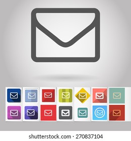 Colored vector flat sms message square icon and buttons set. Design elements on paper styled background