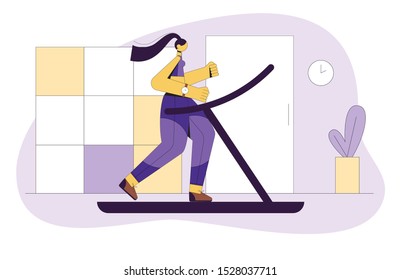 Colored vector flat style illustration of a girl running on a treadmill. The girl goes in for sports. Girl in the gym doing cardio workout. Concept design for web site, flyer, banner.