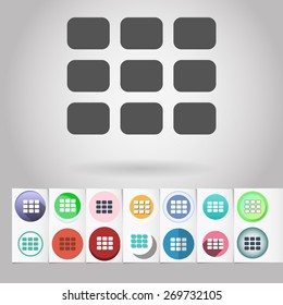 Colored vector flat table sort circle icon and buttons set. Design elements on paper styled background