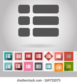 Colored vector flat table sorting square icon and buttons set. Design elements on paper styled background