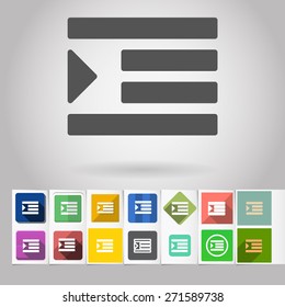 Colored vector flat Table text alignment or editing, square icon and buttons set. Design elements on paper styled background