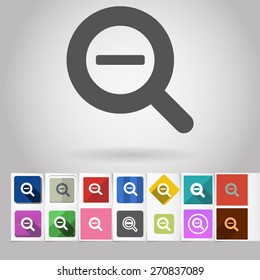 Colored vector flat Zoom out loupe cursor square icon and buttons set. Design elements on paper styled background