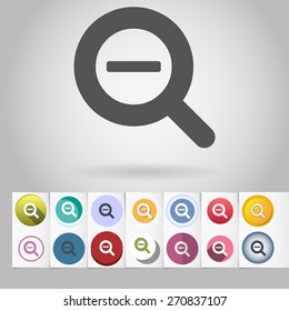 Colored vector flat Zoom out loupe cursor circle icon and buttons set. Design elements on paper styled background