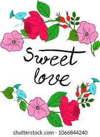 Colored vector flower wreath with blooming roses.
