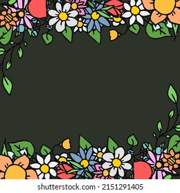 Colored vector flowers icons with place for text. Doodle vector frame with flowers icons