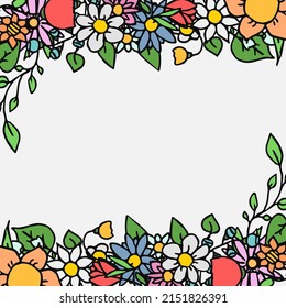 Iconos de flores vectoriales de color con lugar para el texto. Marco vectorial Doodle con iconos de flores