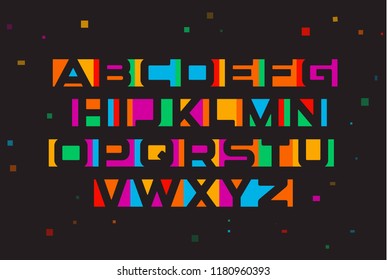 Colored vector font. Geometric negative space alphabet. Colorful letters on black background with geometric confetti. 