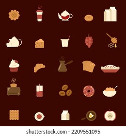 Colored vector food set. Coffee, chocolate, donuts, ice cream cheesecake, milk.