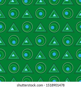Colored  vector geometric abstract seamless pattern of contour triangles and circles. In the green-blue gamut