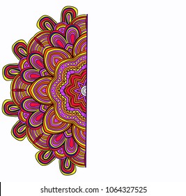 Colored vector half mandala in pink and yellow colors. Can be used as card, invitation. Holi celebration card.
