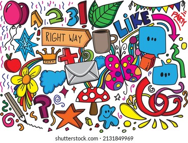 Colored vector hand drawn doodles over white background