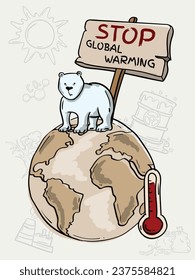 
Dibujo de un oso polar que muere a causa del calentamiento global y el cambio climático a través de un vector de color