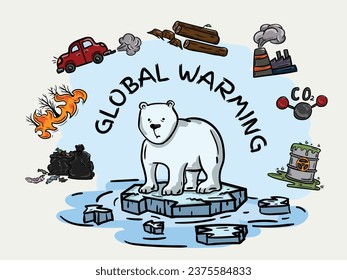 
Colored vector hand drawn illustration of a polar bear dying from global warming and climate change